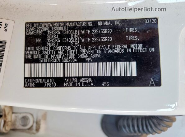 5TDEBRCH7LS002884 2020 TOYOTA HIGHLANDER White Панорамний вид салону 360°