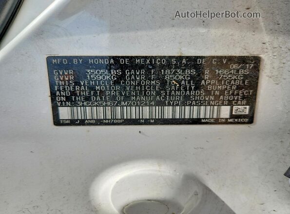3HGGK5H67JM701214 2018 HONDA FIT White Widok naklejki z numerem VIN