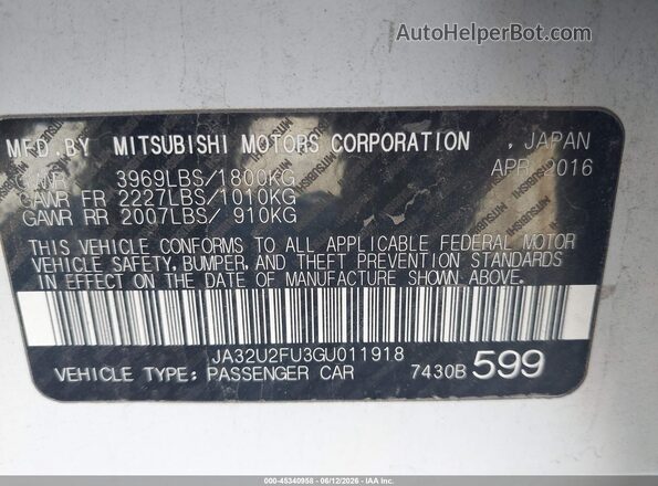 JA32U2FU3GU011918 2016 MITSUBISHI LANCER White Engine compartment view