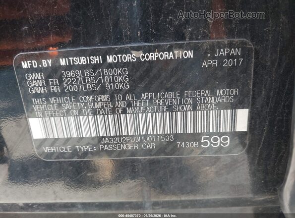 JA32U2FU3HU011533 2017 MITSUBISHI LANCER Black Vista del compartimento del motor