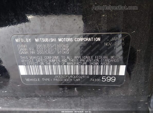 JA32U2FU4GU002810 2016 MITSUBISHI LANCER Black Вид підкапотного простору