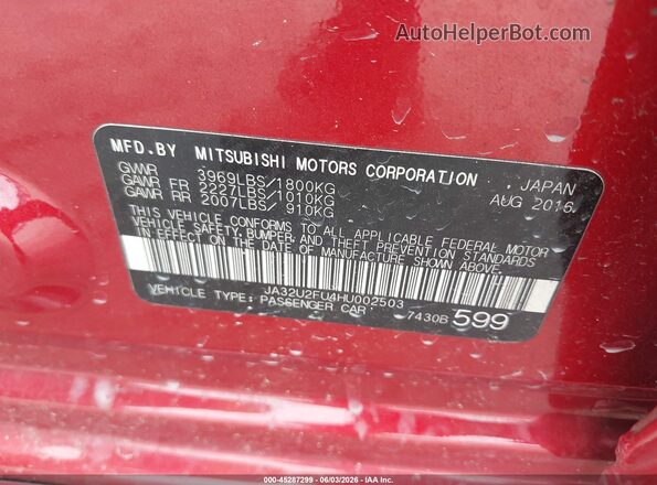 JA32U2FU4HU002503 2017 MITSUBISHI LANCER Red Vista del compartimento del motor