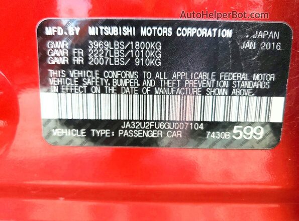 JA32U2FU6GU007104 2016 MITSUBISHI LANCER Red Vista del compartimento del motor