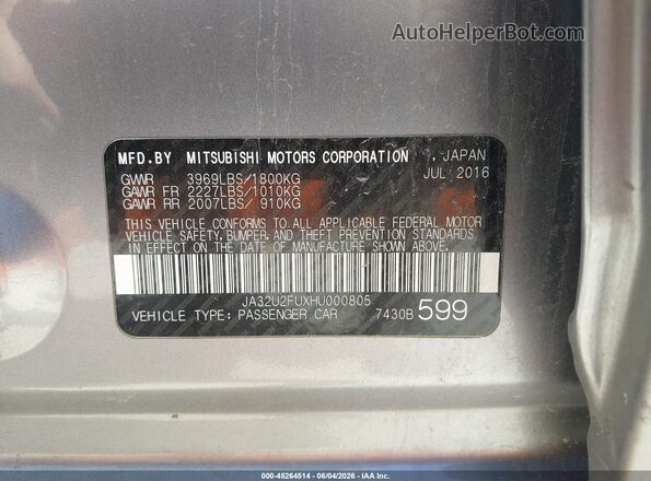JA32U2FUXHU000805 2017 MITSUBISHI LANCER Gray ძრავის განყოფილების ხედი