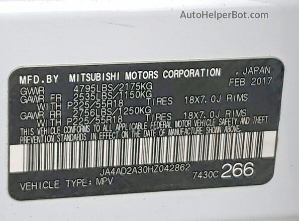 JA4AD2A30HZ042862 2017 MITSUBISHI OUTLANDER White Widok naklejki z numerem VIN