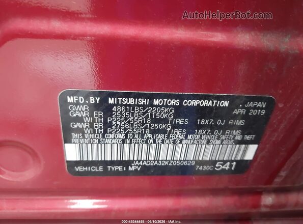 JA4AD2A32KZ050629 2019 MITSUBISHI OUTLANDER Red Vista del compartimento del motor