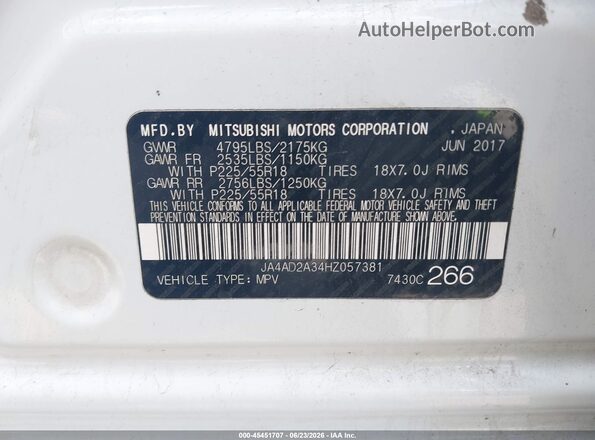 JA4AD2A34HZ057381 2017 MITSUBISHI OUTLANDER White Вид підкапотного простору