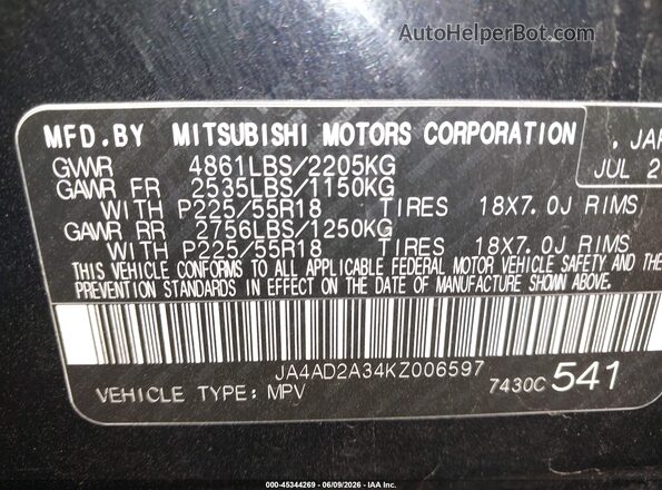 JA4AD2A34KZ006597 2019 MITSUBISHI OUTLANDER Black ძრავის განყოფილების ხედი