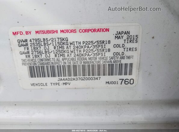 JA4AD2A37GZ000347 2016 MITSUBISHI OUTLANDER White Շարժիչի բաժամունքի տեսք