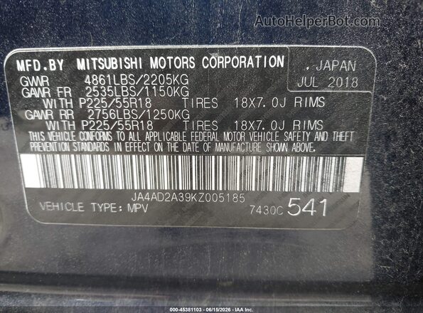 JA4AD2A39KZ005185 2019 MITSUBISHI OUTLANDER Dark Blue 