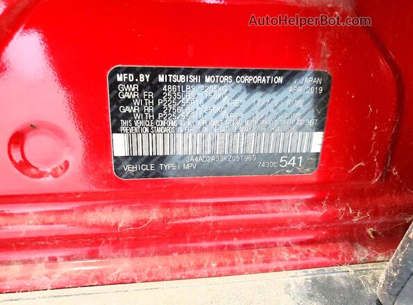 JA4AD2A39KZ051969 2019 MITSUBISHI OUTLANDER Red Vista del compartimento del motor