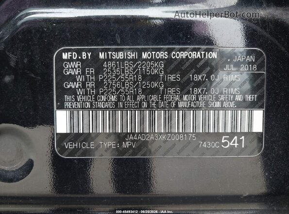 JA4AD2A3XKZ008175 2019 MITSUBISHI OUTLANDER Black Вид підкапотного простору
