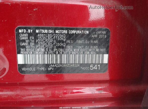 JA4AD2A3XKZ048224 2019 MITSUBISHI OUTLANDER Red Вид підкапотного простору