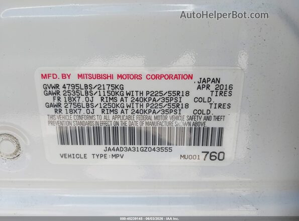 JA4AD3A31GZ043555 2016 MITSUBISHI OUTLANDER White Widok komory silnika