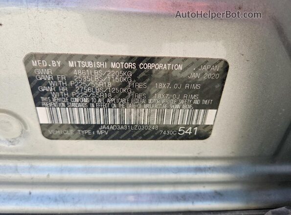 JA4AD3A31LZ030248 2020 MITSUBISHI OUTLANDER Silver VIN კოდის სტიკერის ხედი