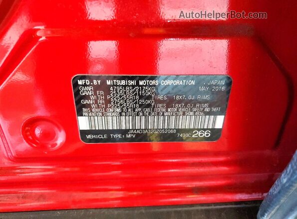JA4AD3A32GZ052068 2016 MITSUBISHI OUTLANDER Red VIN sticker view