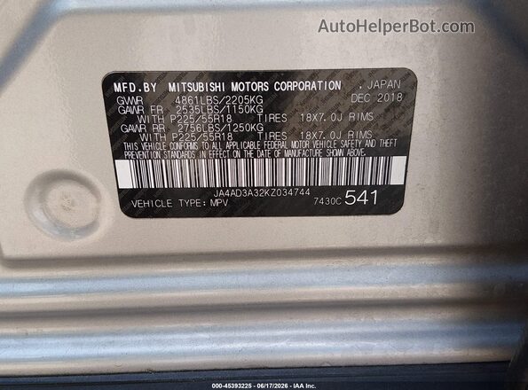 JA4AD3A32KZ034744 2019 MITSUBISHI OUTLANDER Silver Vista del compartimento del motor