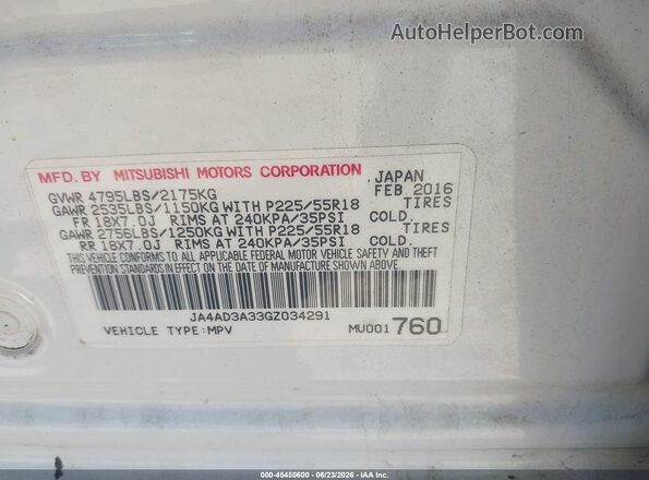 JA4AD3A33GZ034291 2016 MITSUBISHI OUTLANDER White Вид підкапотного простору