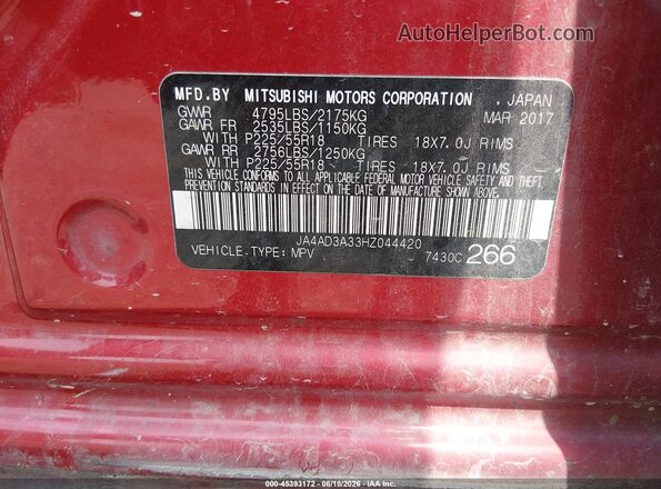 JA4AD3A33HZ044420 2017 MITSUBISHI OUTLANDER Красный Вид подкапотного пространства