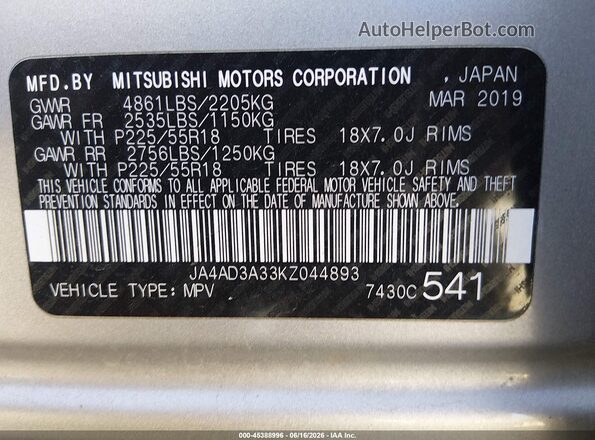 JA4AD3A33KZ044893 2019 MITSUBISHI OUTLANDER Silver Engine compartment view