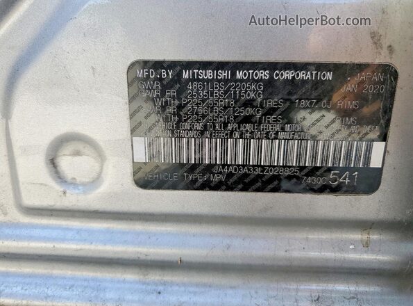 JA4AD3A33LZ028825 2020 MITSUBISHI OUTLANDER Silver VIN კოდის სტიკერის ხედი