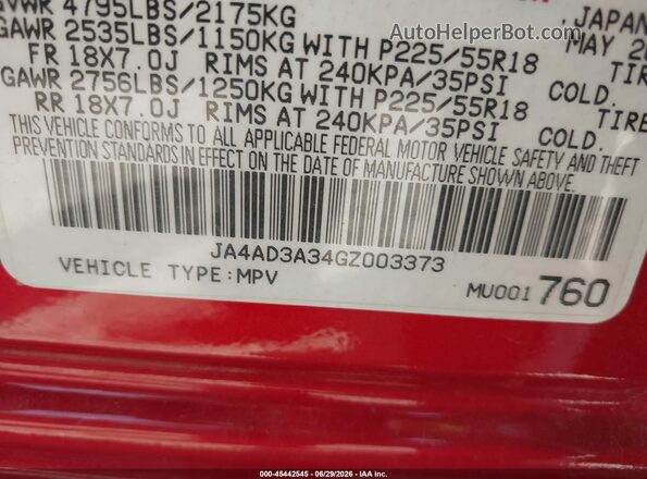 JA4AD3A34GZ003373 2016 MITSUBISHI OUTLANDER Red ძრავის განყოფილების ხედი