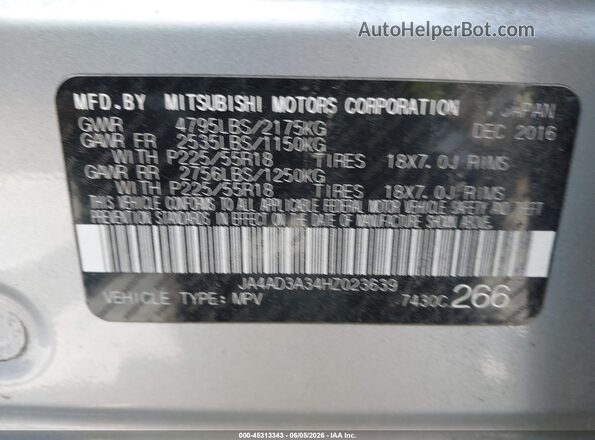 JA4AD3A34HZ023639 2017 MITSUBISHI OUTLANDER Silver Շարժիչի բաժամունքի տեսք