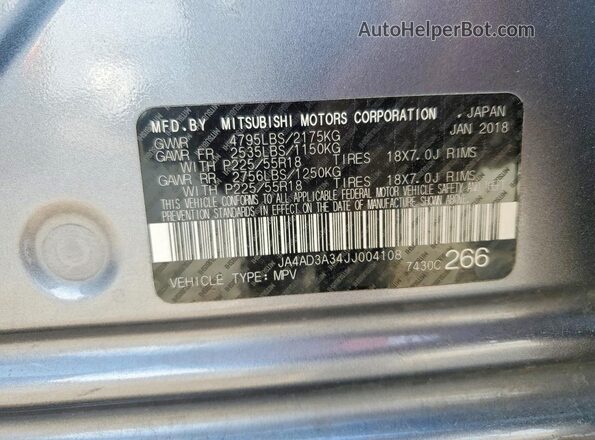 JA4AD3A34JJ004108 2018 MITSUBISHI OUTLANDER Серебряный Вид наклейки с VIN-кодом