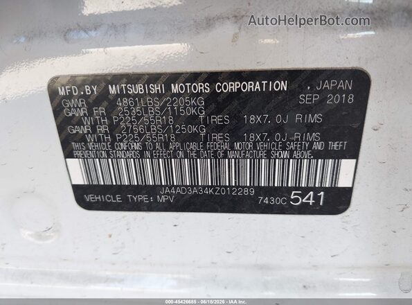 JA4AD3A34KZ012289 2019 MITSUBISHI OUTLANDER White Вид підкапотного простору