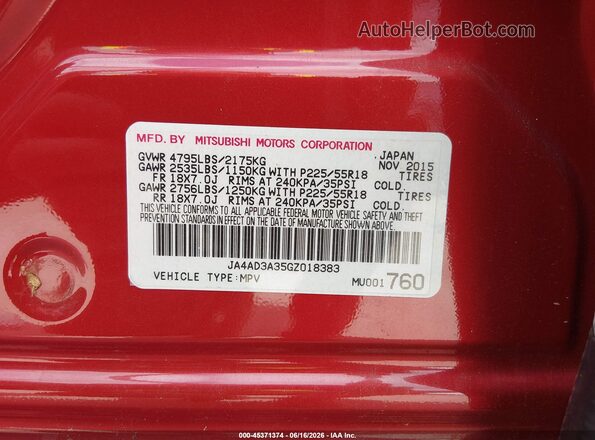 JA4AD3A35GZ018383 2016 MITSUBISHI OUTLANDER Красный 