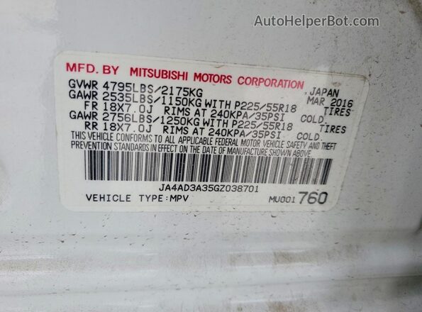 JA4AD3A35GZ038701 2016 MITSUBISHI OUTLANDER White 
