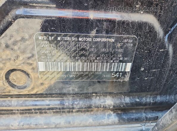 JA4AD3A35KZ017808 2019 MITSUBISHI OUTLANDER Black Vista de la etiqueta del VIN