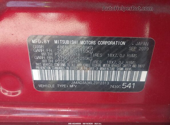 JA4AD3A36LZ012313 2020 MITSUBISHI OUTLANDER Red Widok komory silnika