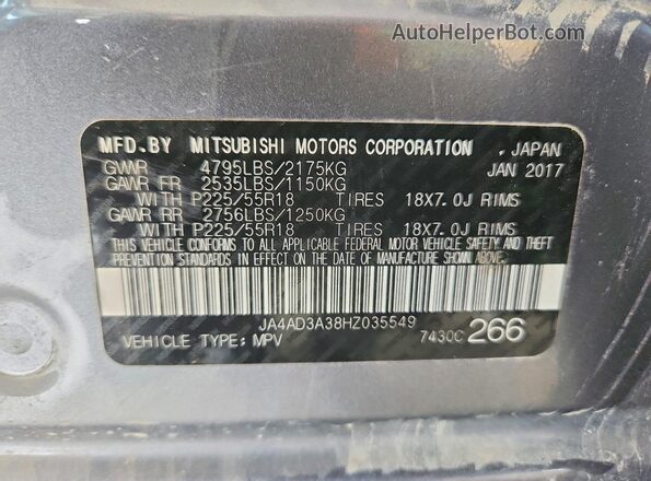 JA4AD3A38HZ035549 2017 MITSUBISHI OUTLANDER Silver Widok naklejki z numerem VIN