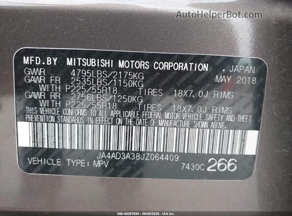JA4AD3A38JZ064409 2018 MITSUBISHI OUTLANDER Коричневый Вид подкапотного пространства