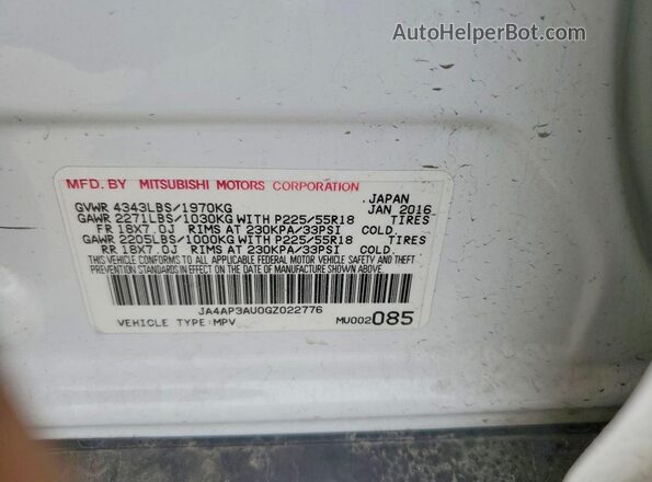 JA4AP3AU0GZ022776 2016 MITSUBISHI OUTLANDER White Widok komory silnika