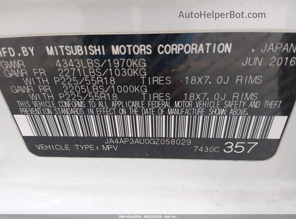 JA4AP3AU0GZ058029 2016 MITSUBISHI OUTLANDER SPORT White Widok komory silnika