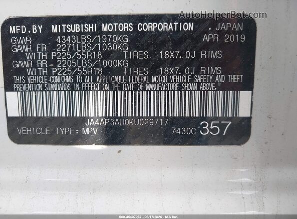 JA4AP3AU0KU029717 2019 MITSUBISHI OUTLANDER SPORT  Շարժիչի բաժամունքի տեսք