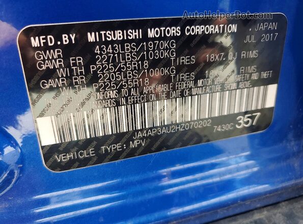 JA4AP3AU2HZ070202 2017 MITSUBISHI OUTLANDER Blue 