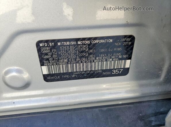 JA4AP3AU2KU012286 2019 MITSUBISHI OUTLANDER Silver Вид наклейки з VIN-кодом