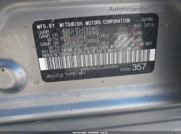JA4AP3AU2LU003315 2020 MITSUBISHI OUTLANDER SPORT Silver Engine compartment view