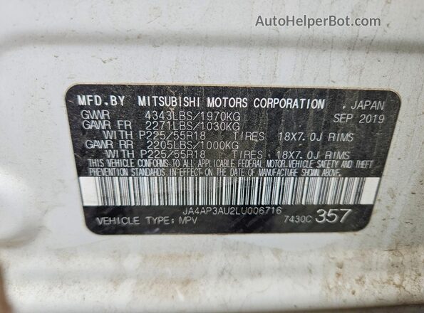 JA4AP3AU2LU006716 2020 MITSUBISHI OUTLANDER Белый Вид наклейки с VIN-кодом