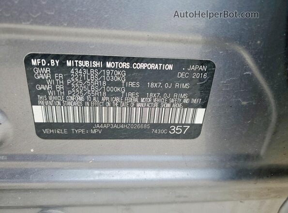 JA4AP3AU4HZ026685 2017 MITSUBISHI OUTLANDER Gray Вид наклейки з VIN-кодом