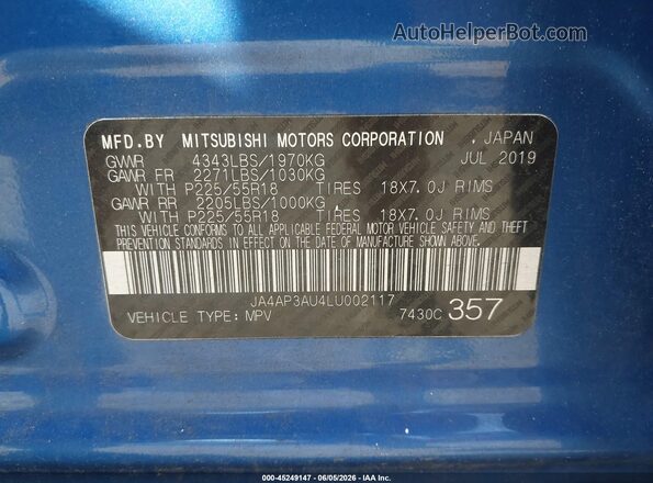 JA4AP3AU4LU002117 2020 MITSUBISHI OUTLANDER SPORT Blue ძრავის განყოფილების ხედი