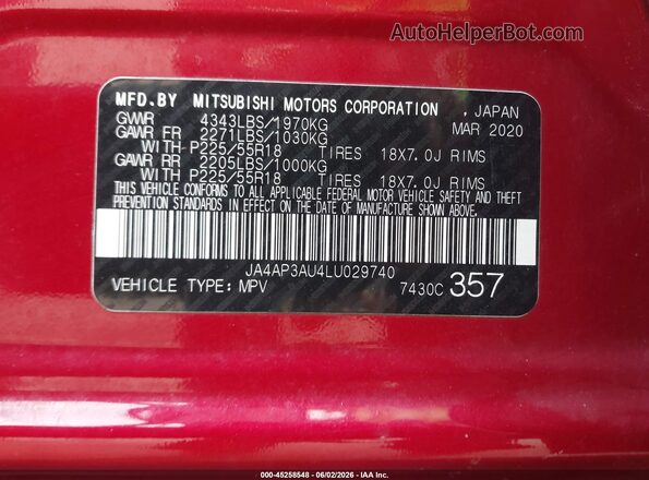 JA4AP3AU4LU029740 2020 MITSUBISHI OUTLANDER SPORT Red Engine compartment view
