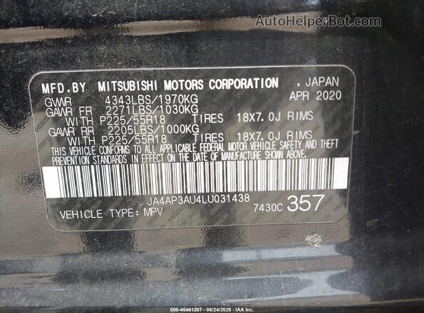JA4AP3AU4LU031438 2020 MITSUBISHI OUTLANDER SPORT Black Vista del compartimento del motor