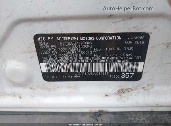 JA4AP3AU6LU014317 2020 MITSUBISHI OUTLANDER SPORT White ძრავის განყოფილების ხედი