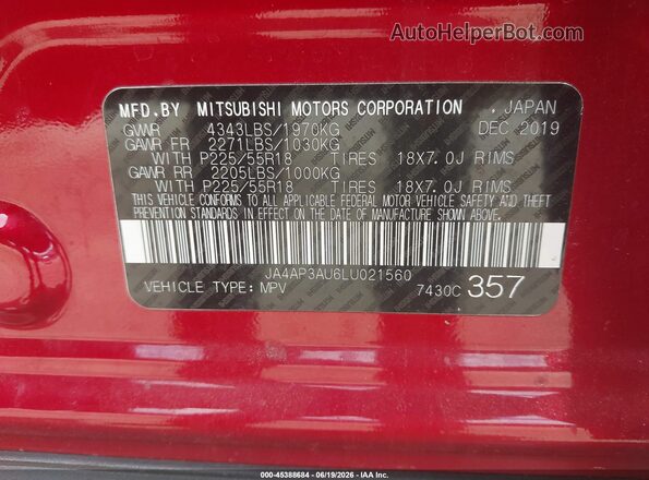 JA4AP3AU6LU021560 2020 MITSUBISHI OUTLANDER SPORT Красный Вид подкапотного пространства