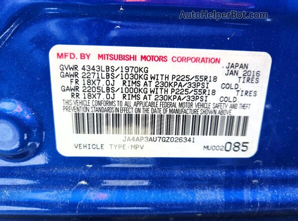 JA4AP3AU7GZ026341 2016 MITSUBISHI OUTLANDER Blue 