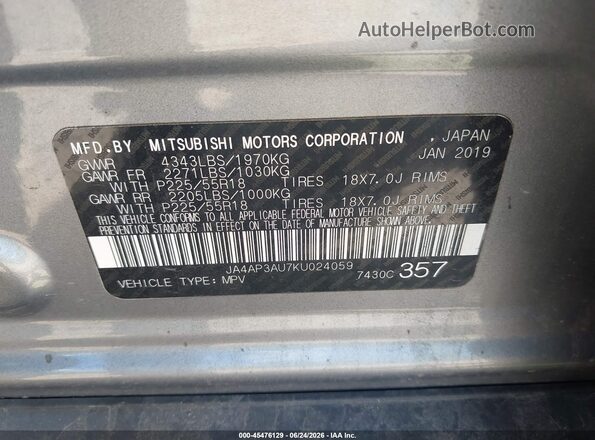 JA4AP3AU7KU024059 2019 MITSUBISHI OUTLANDER SPORT Gray Engine compartment view